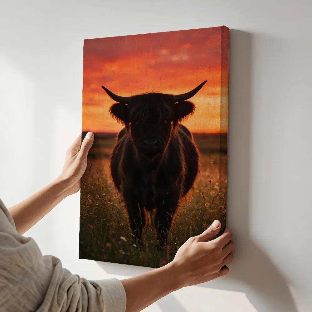 Sfeerimpressie: Schotse Hooglander recht in de lens, een silhouet tegen een vurige zonsondergang terwijl het aan de muur wordt gehangen