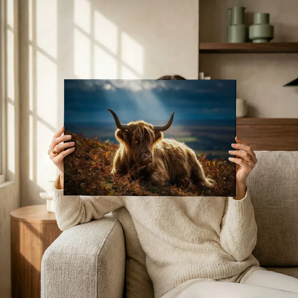 Sfeerimpressie: Schotse Hooglander rustend, een enkele lichtbundel als een spotlicht terwijl het omhoog wordt gehouden