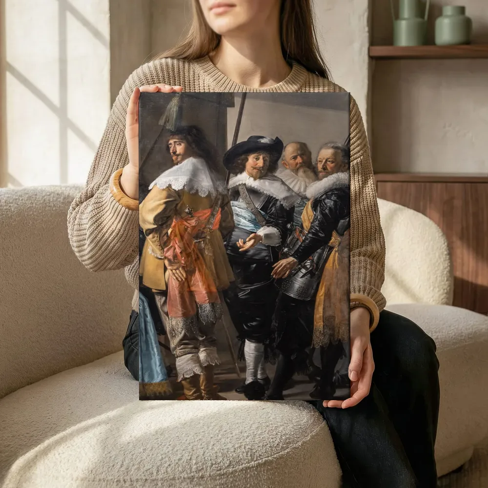 Sfeerimpressie: Schutters van wijk XI onder leiding van kapitein Reynier Reael, bekend als ‘De magere compagnie’ van Frans Hals, met hellebaarden terwijl het zittend wordt getoond