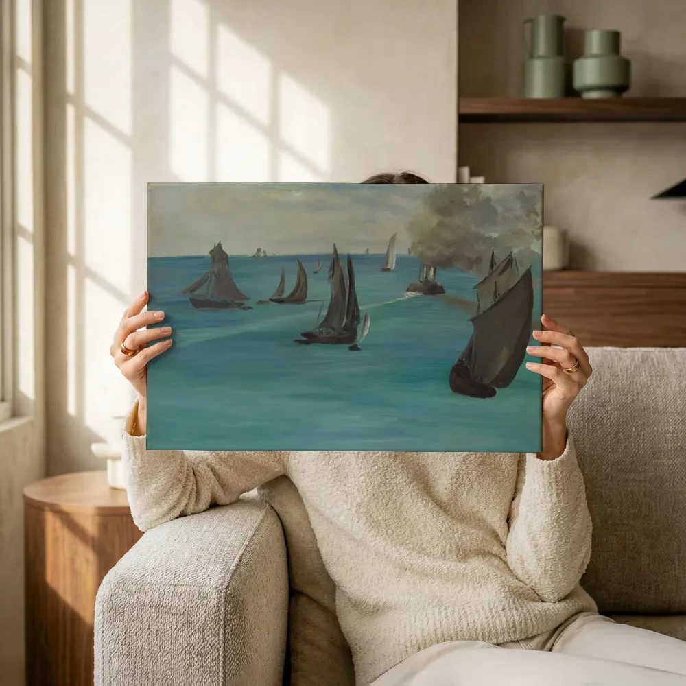 Sfeerimpressie: Zeegezicht, kalm weer van Edouard Manet terwijl het omhoog wordt gehouden