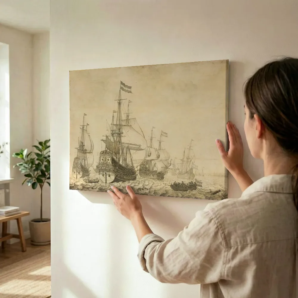 Sfeerimpressie: Zeegezicht met Nederlandse oorlogsschepen van Willem van de Velde terwijl het wordt opgehangen