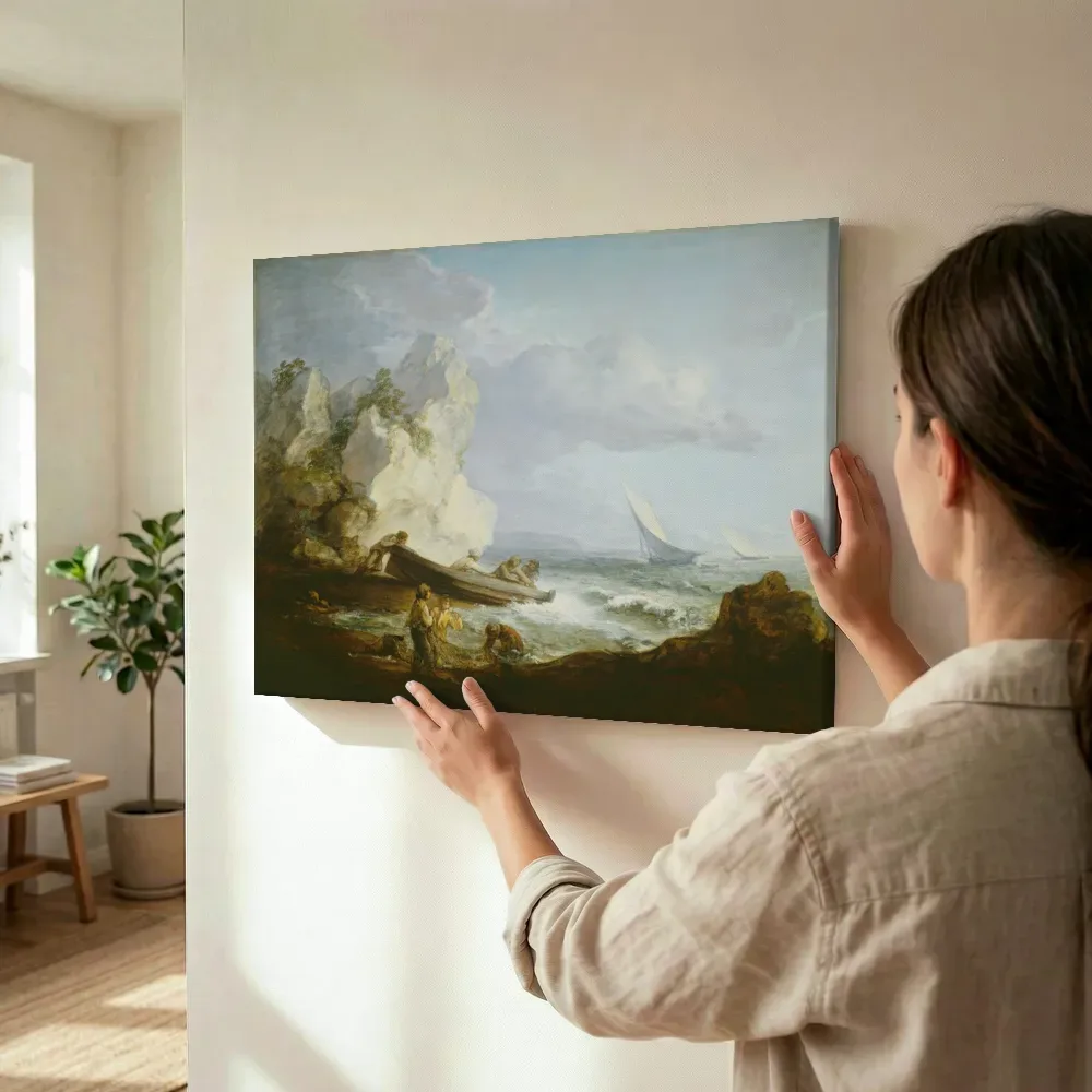Sfeerimpressie: Zeekust met vissers van Thomas Gainsborough terwijl het wordt opgehangen