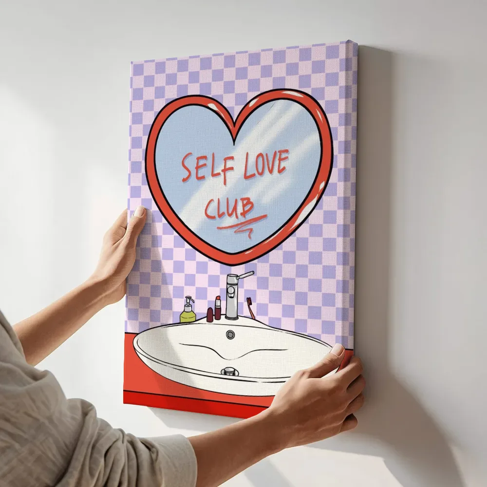 Sfeerimpressie: Self love club badkamer illustratie terwijl het aan de muur wordt gehangen