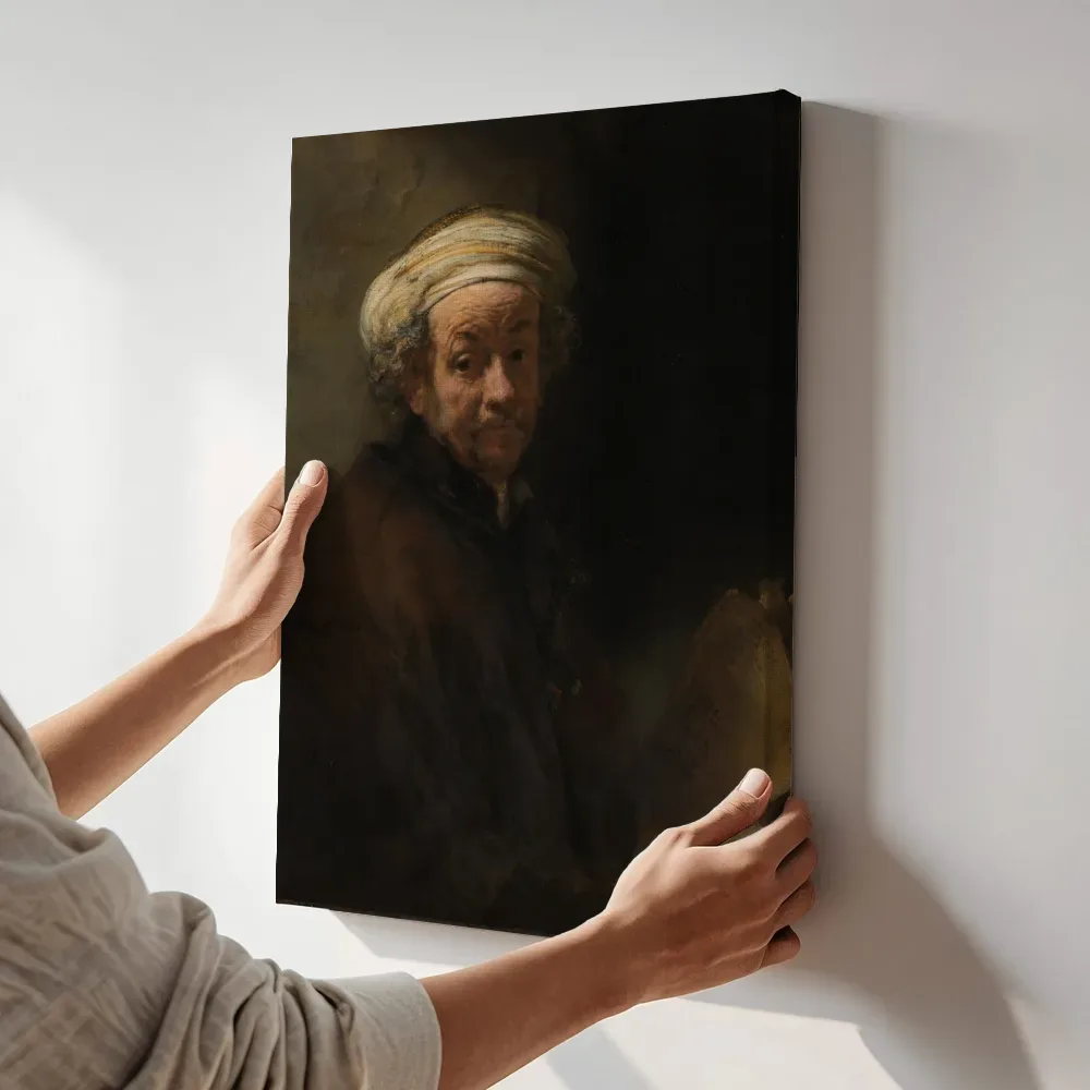 Sfeerimpressie: Zelfportret als de apostel Paulus van Rembrandt van Rijn terwijl het aan de muur wordt gehangen