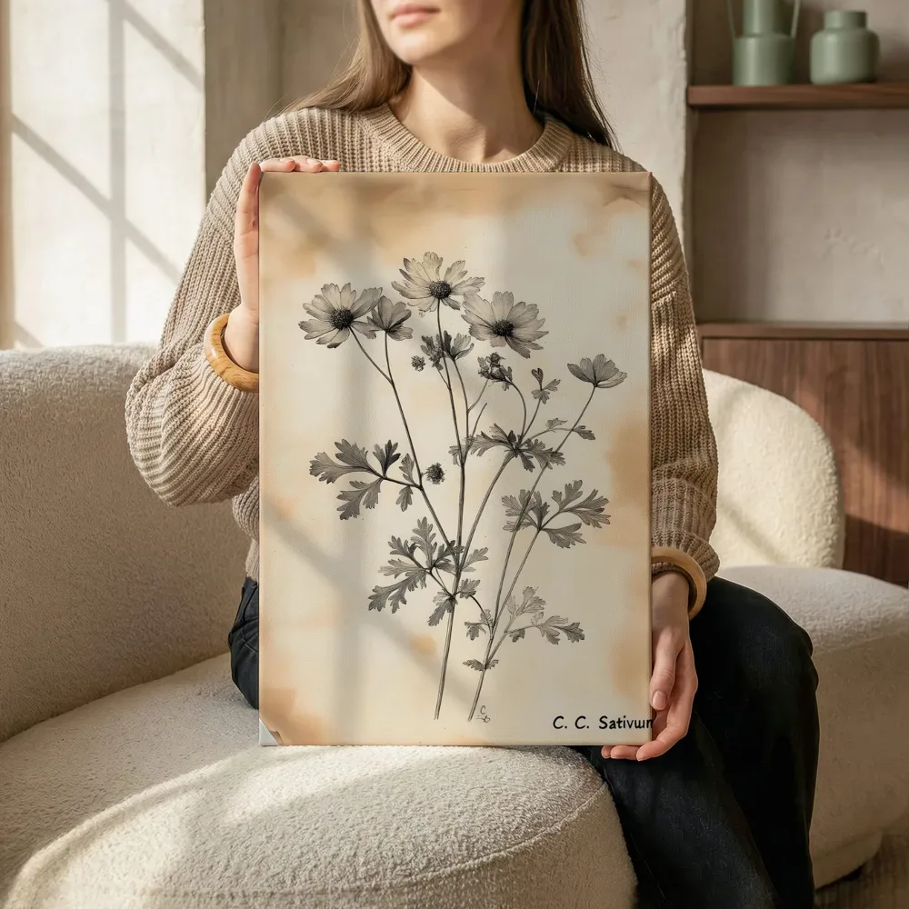 Sfeerimpressie: Sepia botanische cosmea terwijl het aan de muur wordt gehangen
