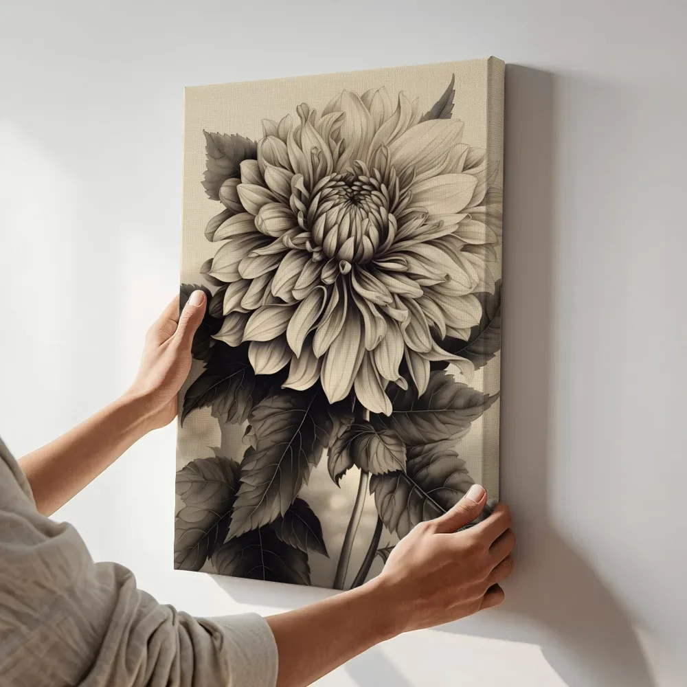 Sfeerimpressie: Sepia dahlia close-up terwijl het aan de muur wordt gehangen