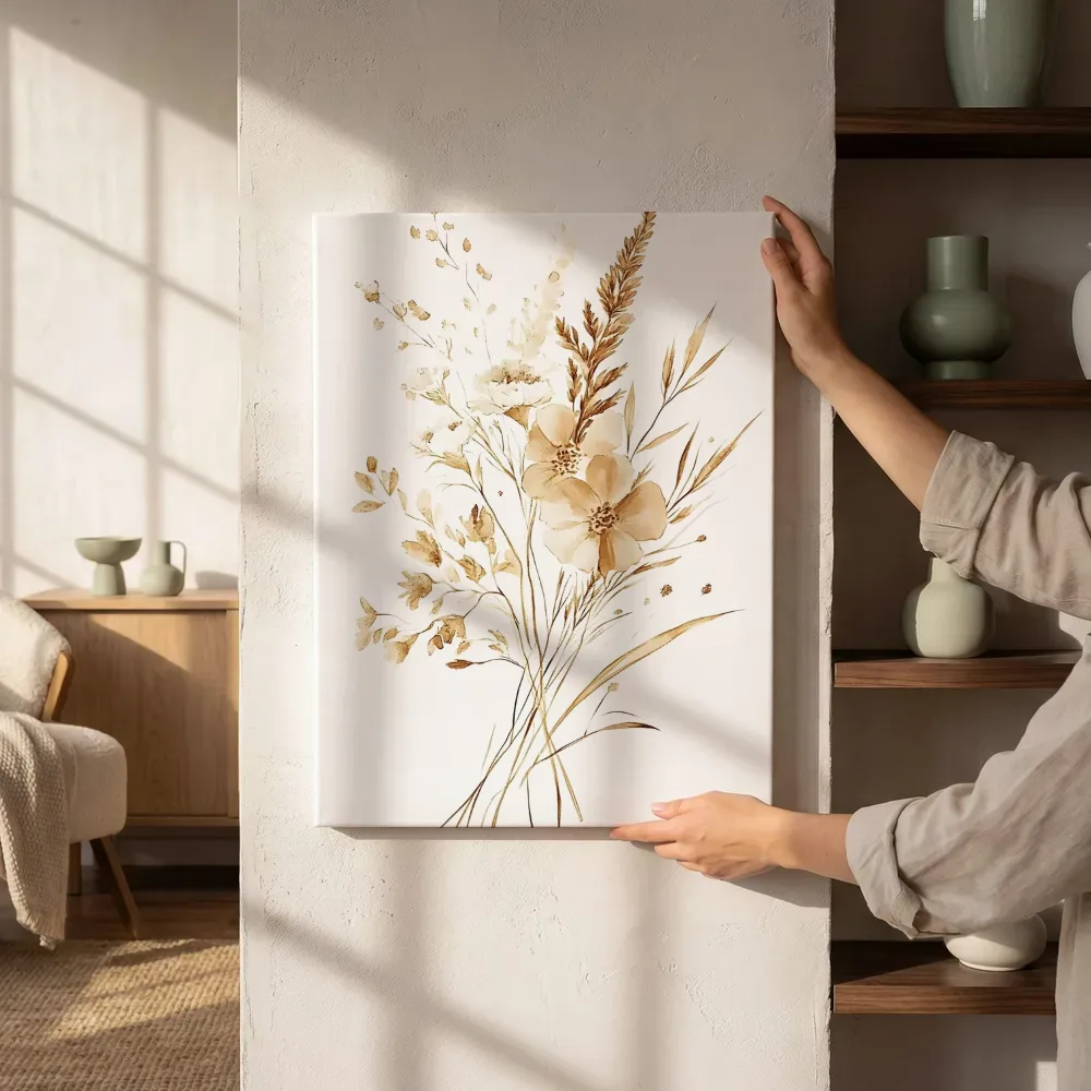 Sfeerimpressie: Sepia droogbloemen boeket naast de kast