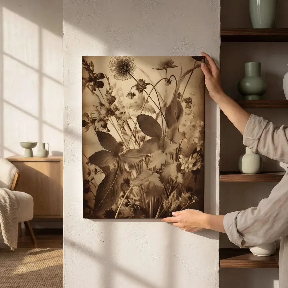 Sfeerimpressie: Sepia droogbloemen compositie naast de kast