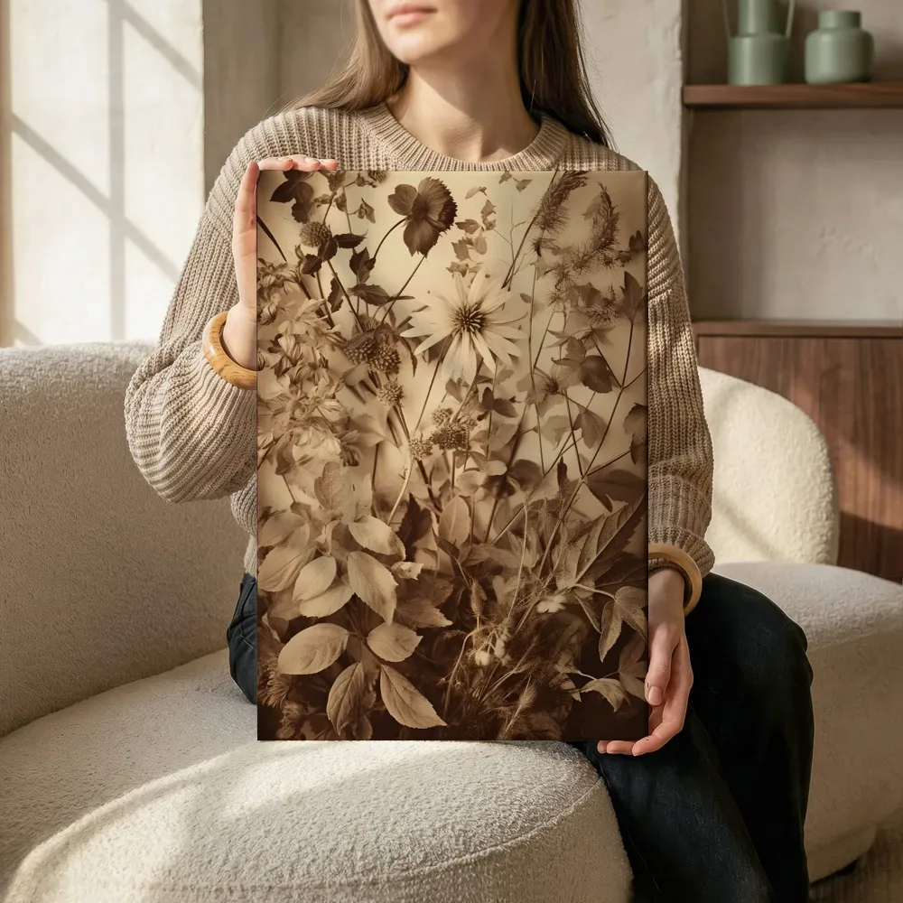 Sfeerimpressie: Sepia droogbloemen met ster-bloem terwijl het zittend wordt getoond