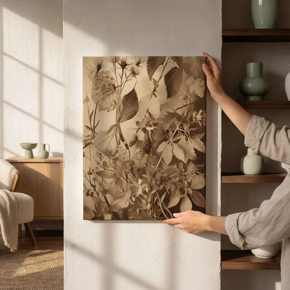 Sfeerimpressie: Sepia gedroogde bloemen naast de kast