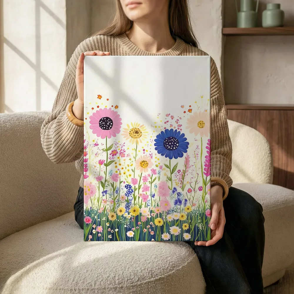 Sfeerimpressie: Sfeervol bloemenveld in pastel terwijl het zittend wordt getoond