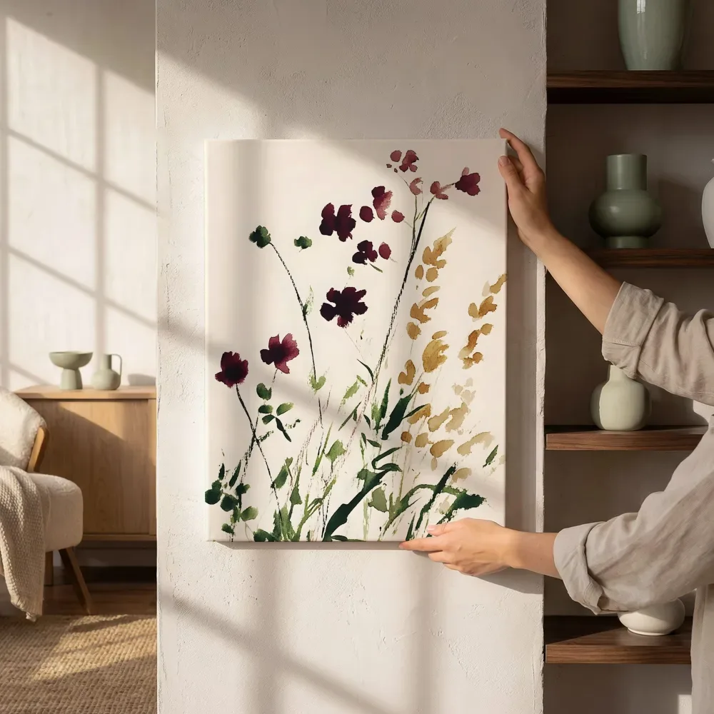 Sfeerimpressie: Sfeervolle wilde bloemen aquarel naast de kast