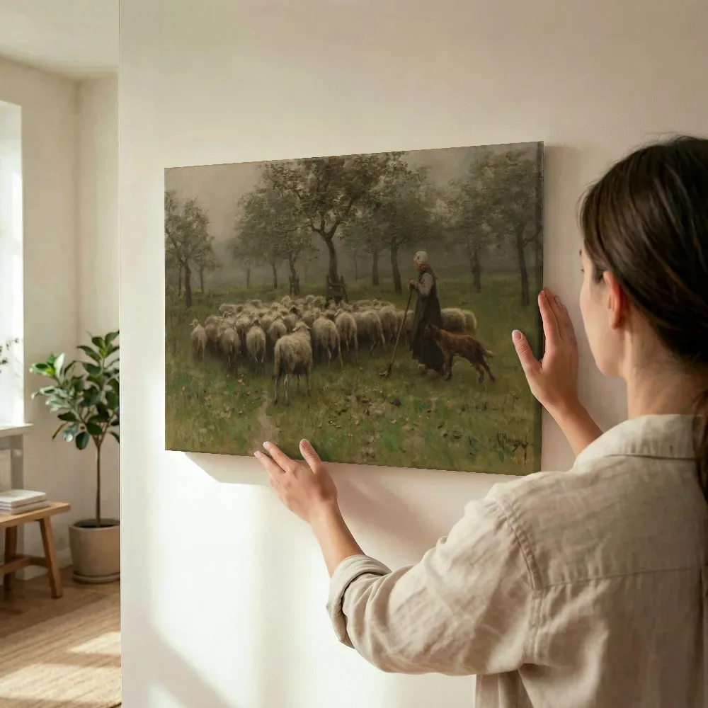 Sfeerimpressie: Herderin met een kudde schapen van Anton Mauve terwijl het wordt opgehangen