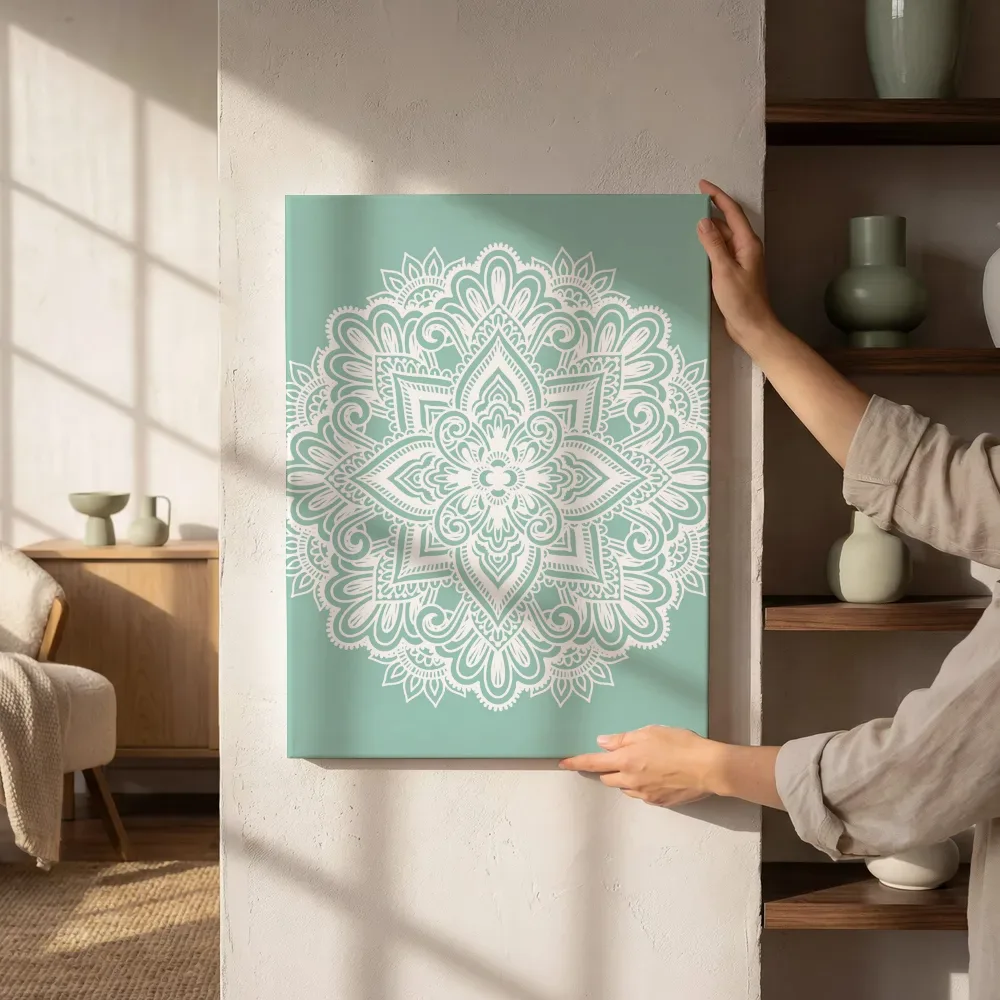 Sfeerimpressie: Sierlijke mandala bloem in mintgroen naast de kast