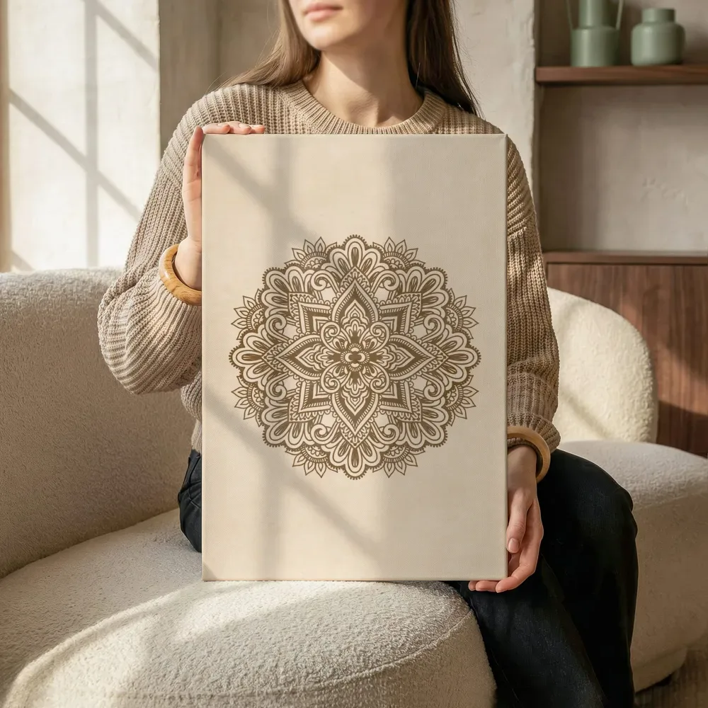 Sfeerimpressie: Sierlijke mandala bloem in sepia terwijl het zittend wordt getoond
