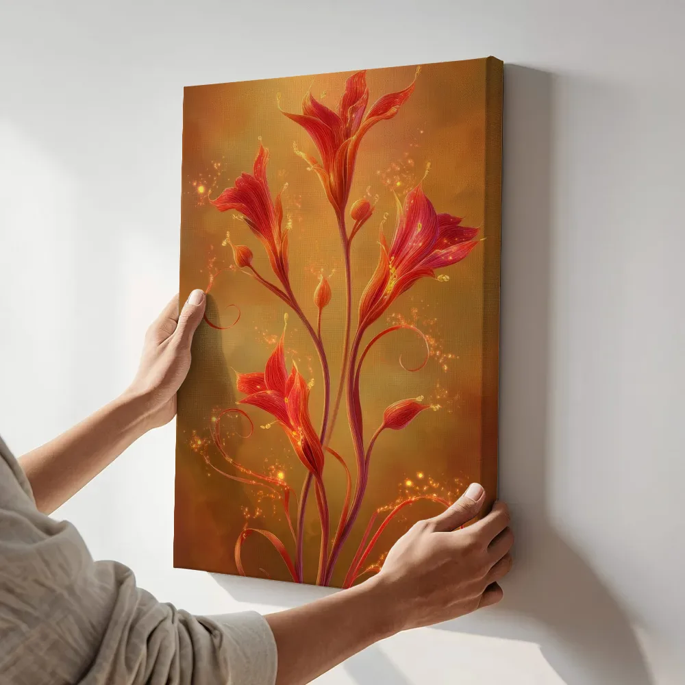 Sfeerimpressie: Sierlijke vuurbloemen met krullende ranken terwijl het aan de muur wordt gehangen