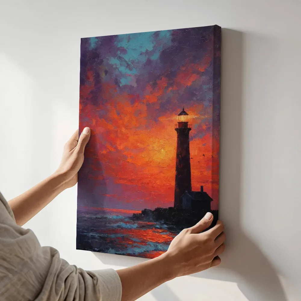Sfeerimpressie: Silhouet vuurtoren bij vlammende hemel terwijl het aan de muur wordt gehangen