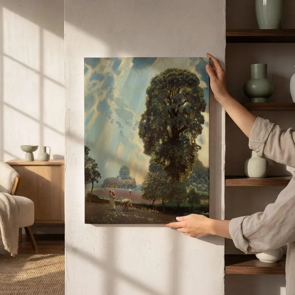 Sfeerimpressie: Vreugde na de regen, vroege zomer van George Clausen naast de kast
