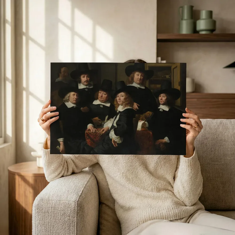 Sfeerimpressie: Zes regenten en de bode van het Nieuwezijds Huiszittenhuis van Ferdinand Bol terwijl het omhoog wordt gehouden