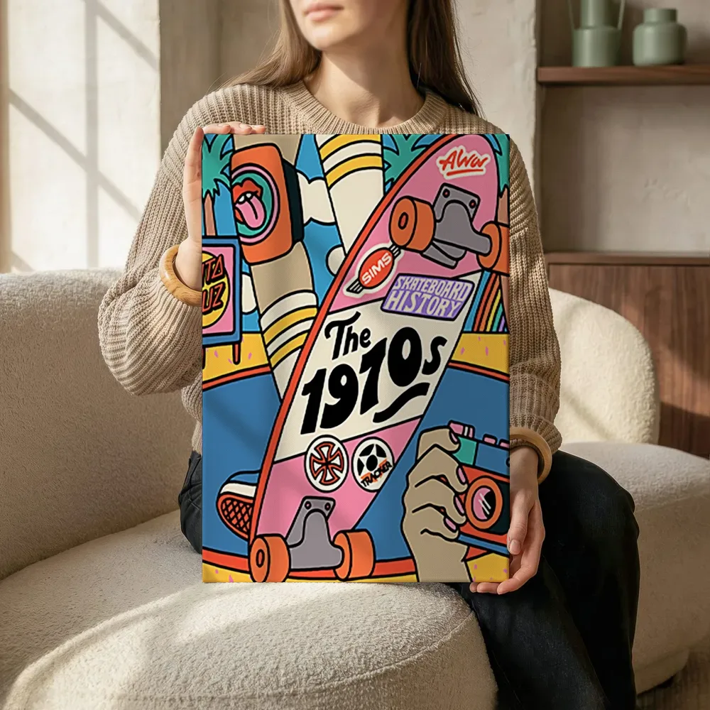 Sfeerimpressie: Skateboard jaren 70 collage terwijl het zittend wordt getoond