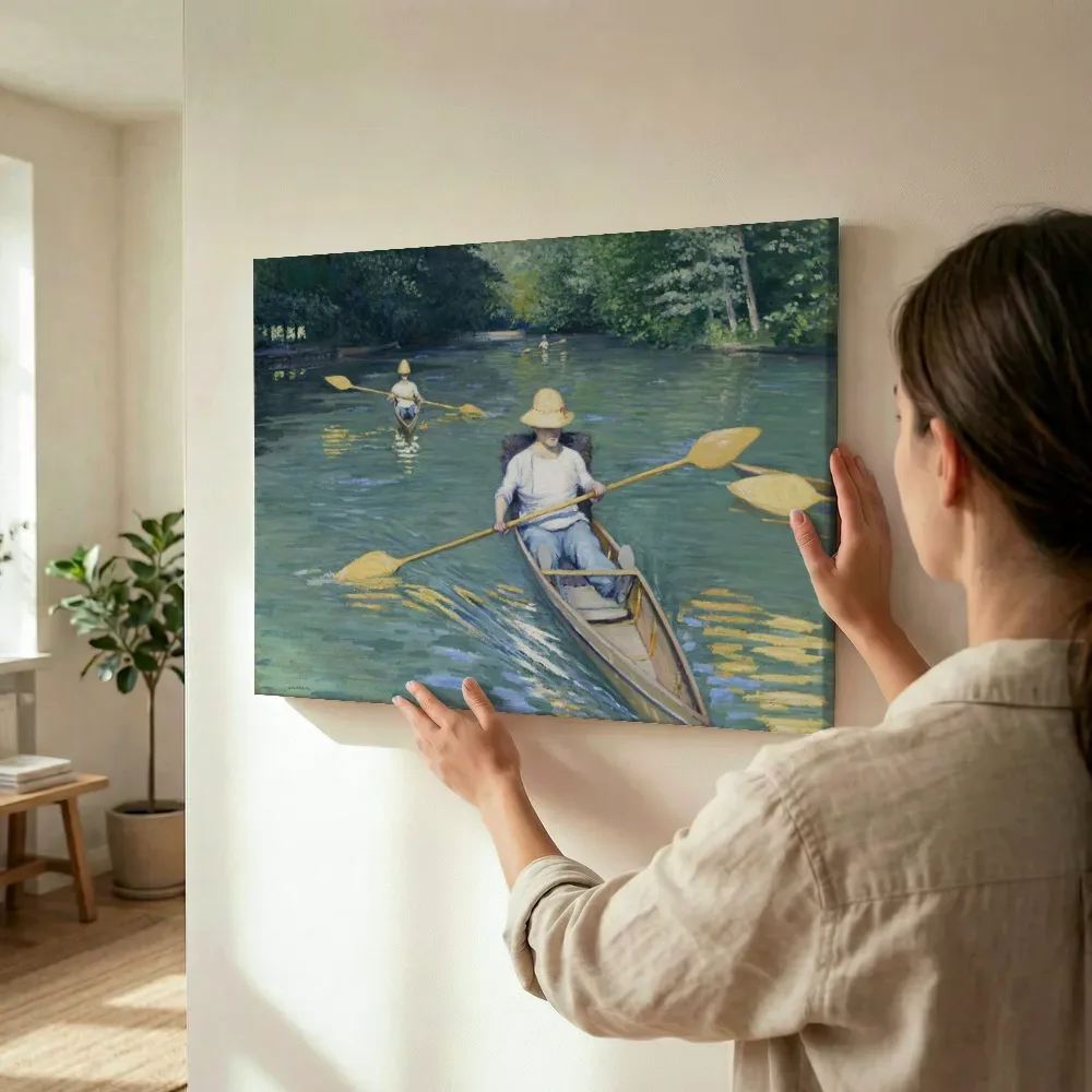 Sfeerimpressie: Skiffs van Gustave Caillebotte terwijl het wordt opgehangen