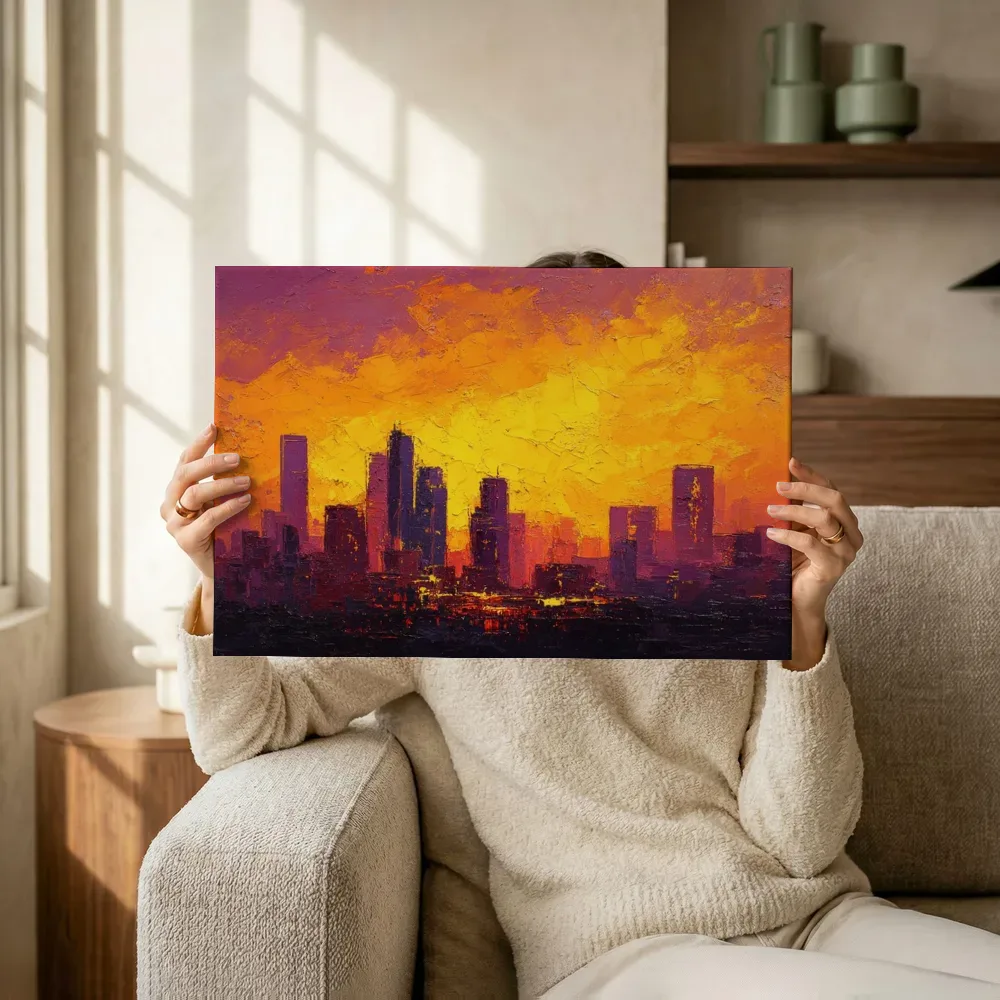 Sfeerimpressie: Skyline bij vurige zonsondergang terwijl het omhoog wordt gehouden