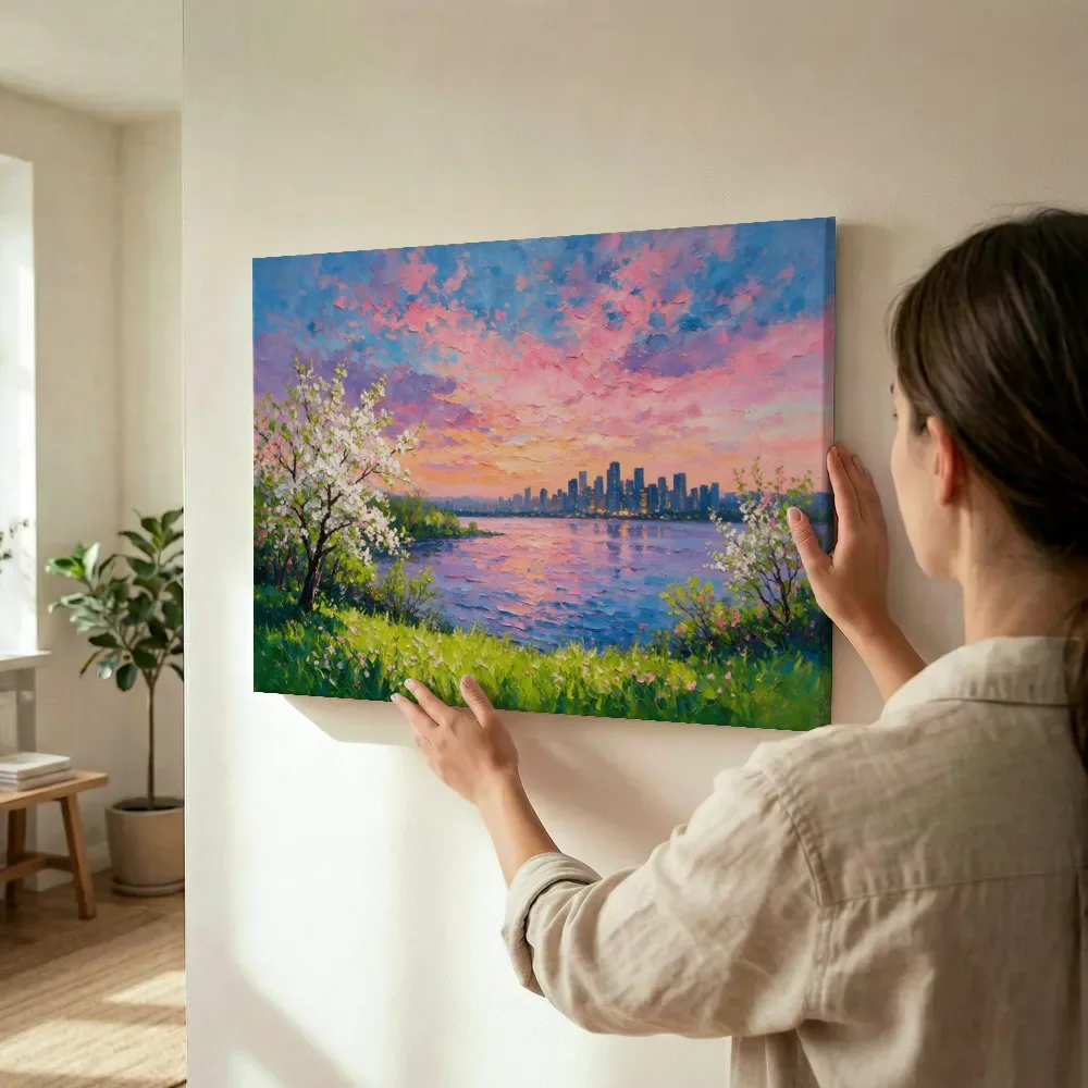 Sfeerimpressie: Skyline over het water in bloesemtijd terwijl het wordt opgehangen