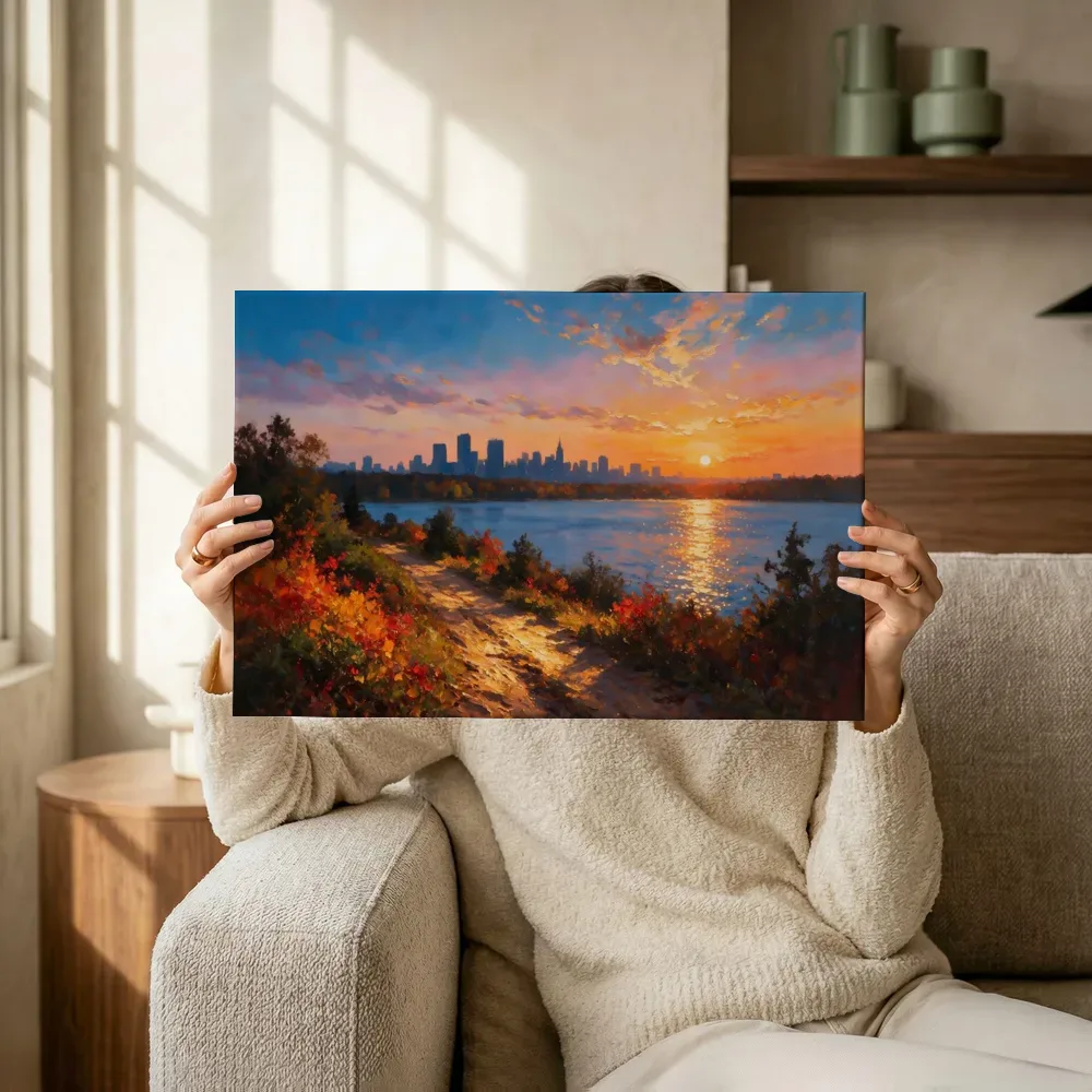 Sfeerimpressie: Skyline over het water in gouden herfst terwijl het omhoog wordt gehouden