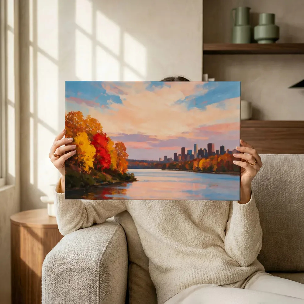 Sfeerimpressie: Skyline over het water in zacht licht terwijl het omhoog wordt gehouden