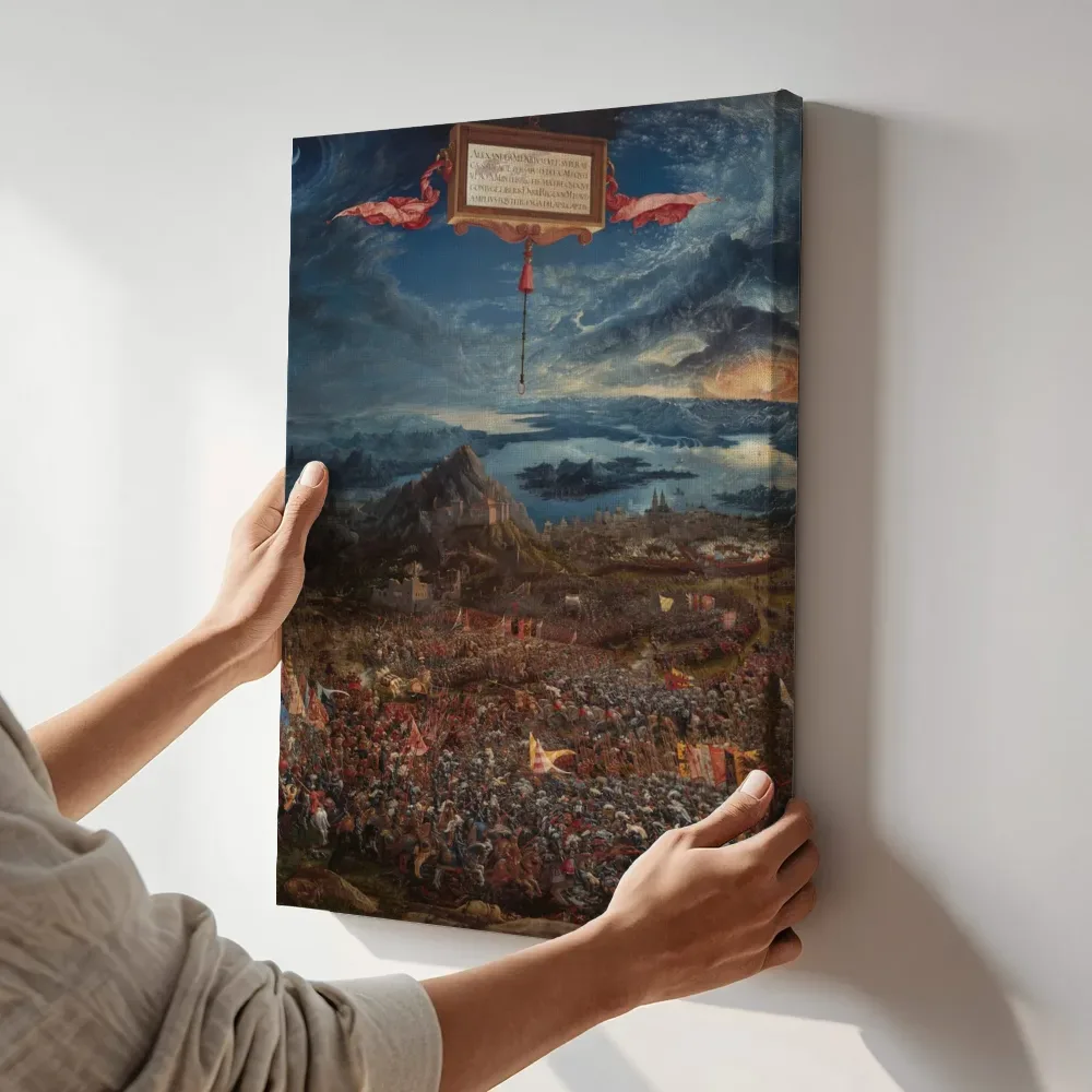 Sfeerimpressie: Slacht tussen Alexander en Darius in Issus van Albrecht Altdorfer terwijl het aan de muur wordt gehangen