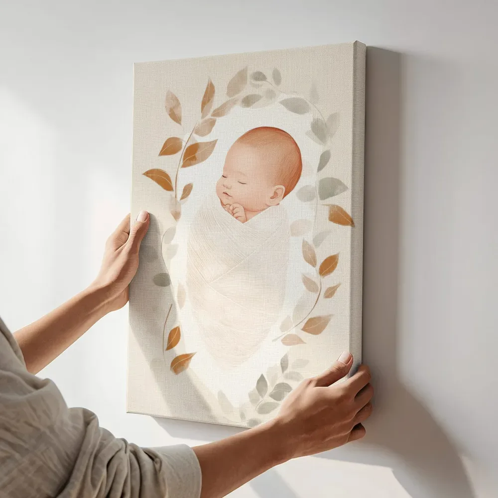 Sfeerimpressie: Slapende baby met bladerkrans terwijl het aan de muur wordt gehangen