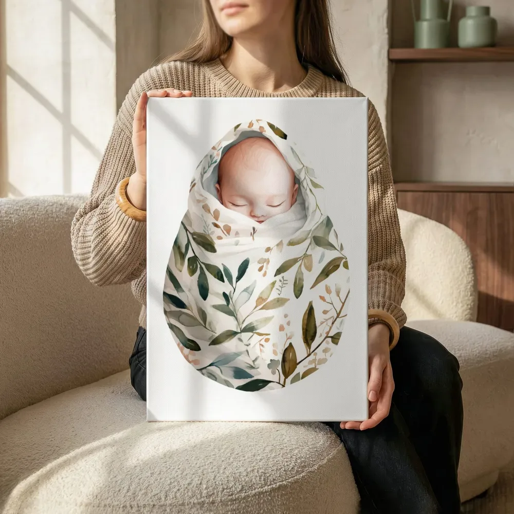 Sfeerimpressie: Slapende baby in botanische wikkeldoek terwijl het zittend wordt getoond
