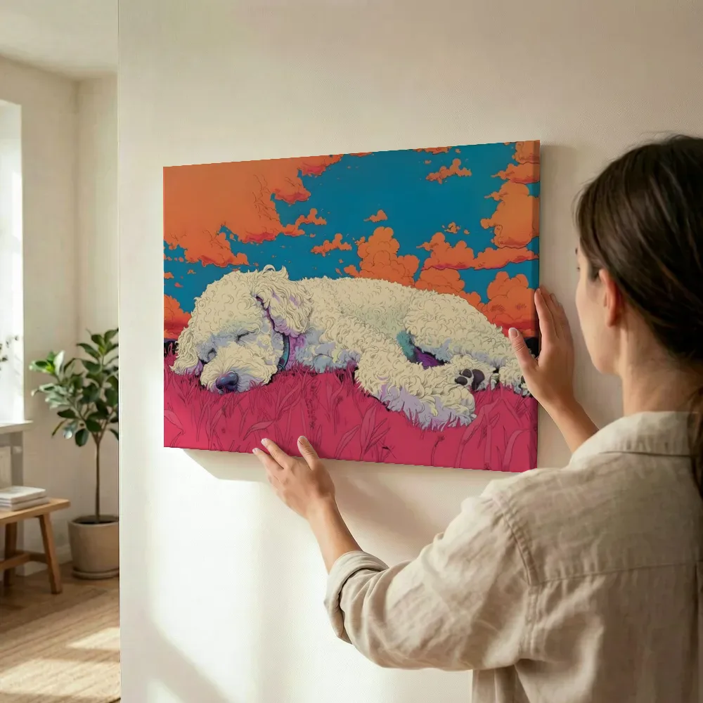 Sfeerimpressie: Slapende hond in roze gras terwijl het wordt opgehangen