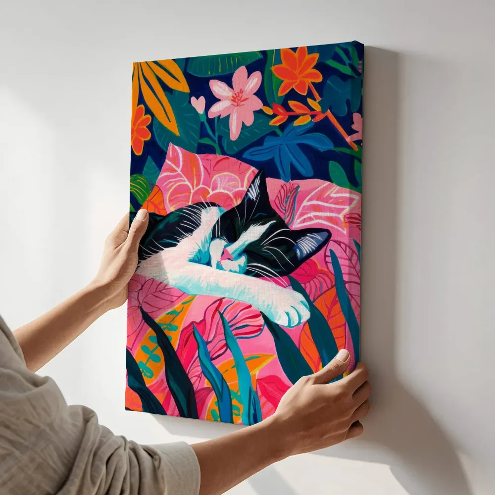Sfeerimpressie: Slapende kat tussen tropische bloemen terwijl het aan de muur wordt gehangen