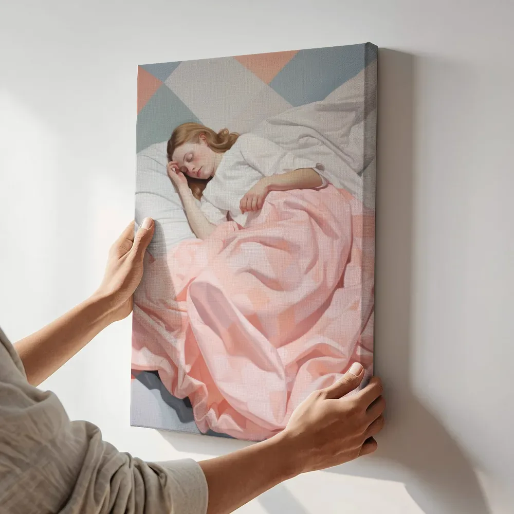 Sfeerimpressie: Slapende vrouw in bed terwijl het aan de muur wordt gehangen