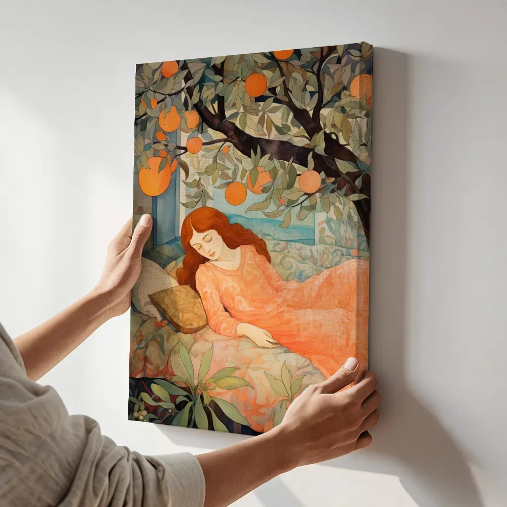 Sfeerimpressie: Slapende vrouw onder sinaasappelboom terwijl het aan de muur wordt gehangen