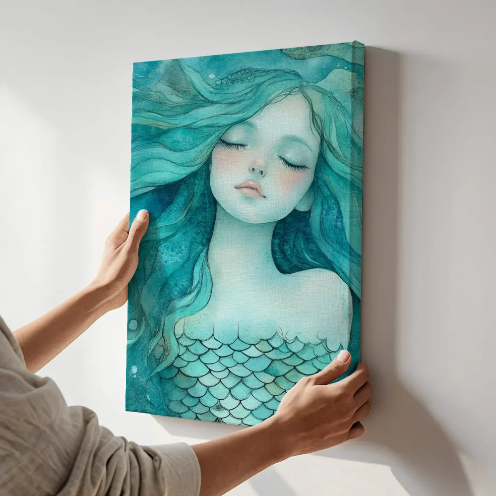 Sfeerimpressie: Slapende zeemeermin portret terwijl het aan de muur wordt gehangen