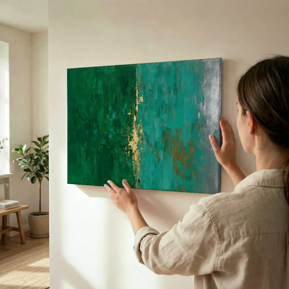 Sfeerimpressie: Smaragd en jade met gouden naad terwijl het wordt opgehangen