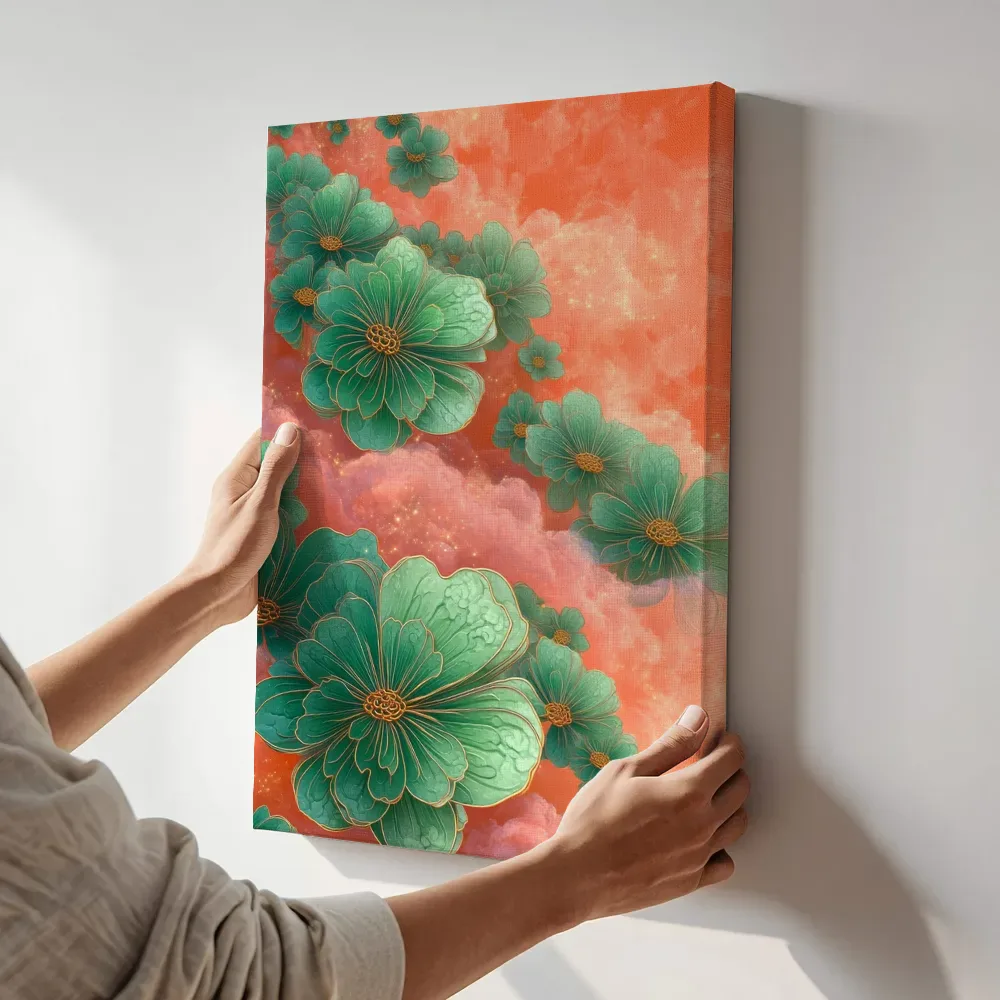 Sfeerimpressie: Smaragdgroene bloemen in de wolkenlucht terwijl het aan de muur wordt gehangen