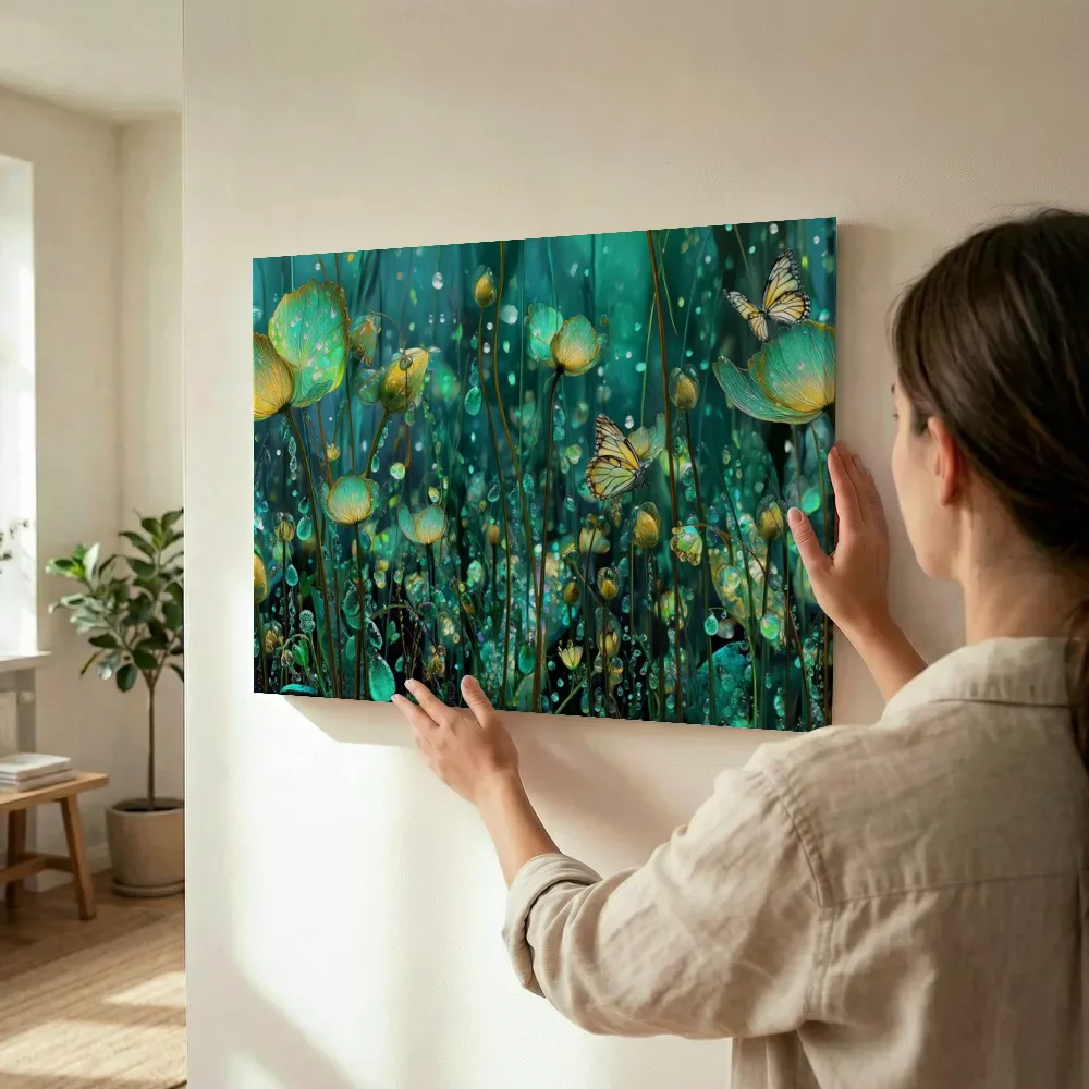 Sfeerimpressie: Smaragdgroene bloesems met dauw terwijl het wordt opgehangen