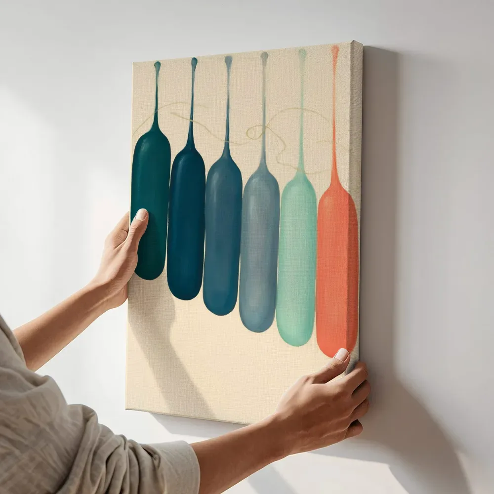 Sfeerimpressie: Smeltende kolommen Textured Minimalism in petrolblauw 2 terwijl het aan de muur wordt gehangen