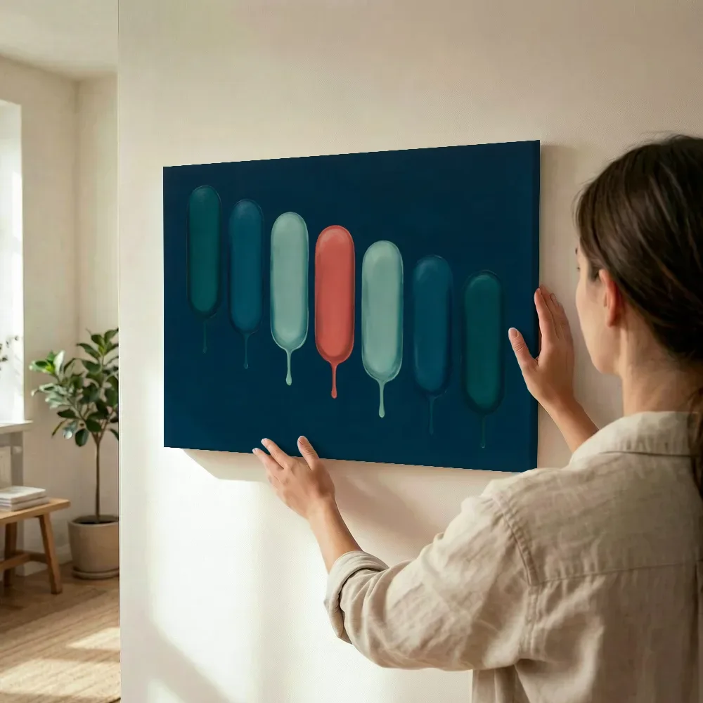 Sfeerimpressie: Smeltende kolommen Textured Minimalism in petrolblauw 3 terwijl het wordt opgehangen