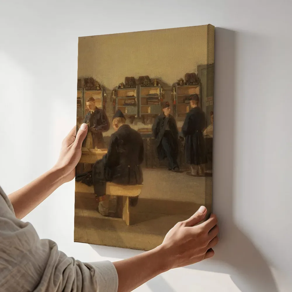 Sfeerimpressie: Soldaten in een kazerne van Johannes Gerardus Heijberg terwijl het aan de muur wordt gehangen