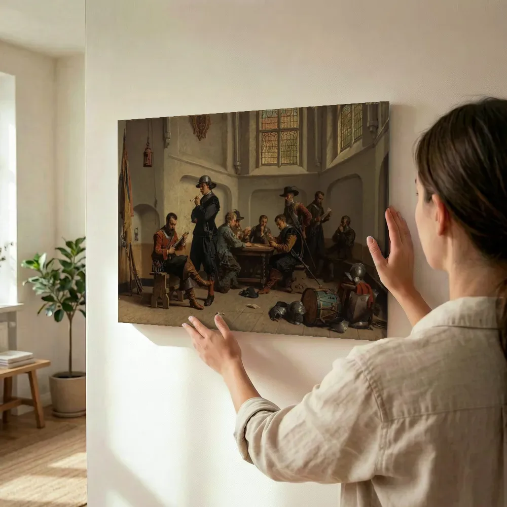 Sfeerimpressie: Soldateninterieur uit de 17de eeuw van Lambertus Lingeman terwijl het wordt opgehangen