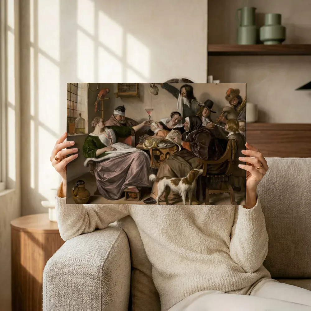 Sfeerimpressie: 'Soo voer gesongen, soo na gepepen' van Jan Steen terwijl het omhoog wordt gehouden