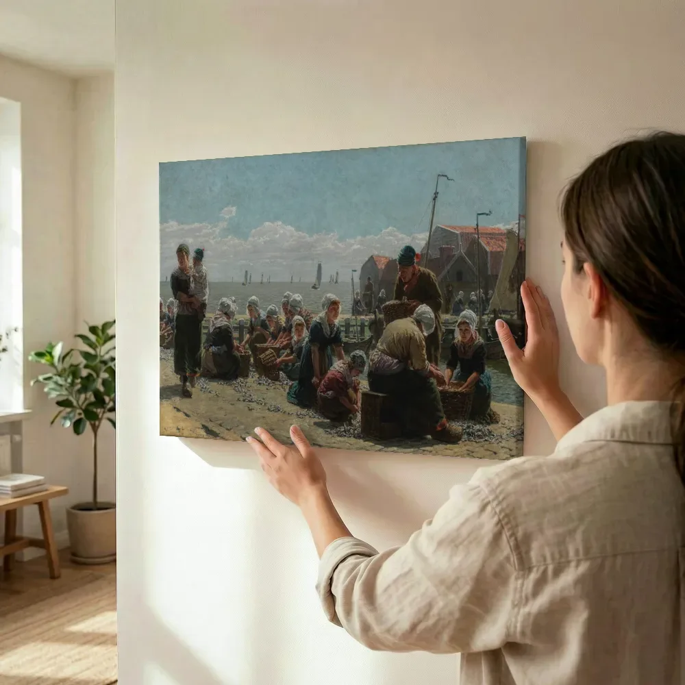 Sfeerimpressie: Het sorteren van de vangst, Volendam van George Clausen terwijl het wordt opgehangen