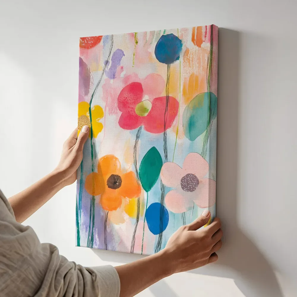 Sfeerimpressie: Speelse bloementuin popart terwijl het aan de muur wordt gehangen