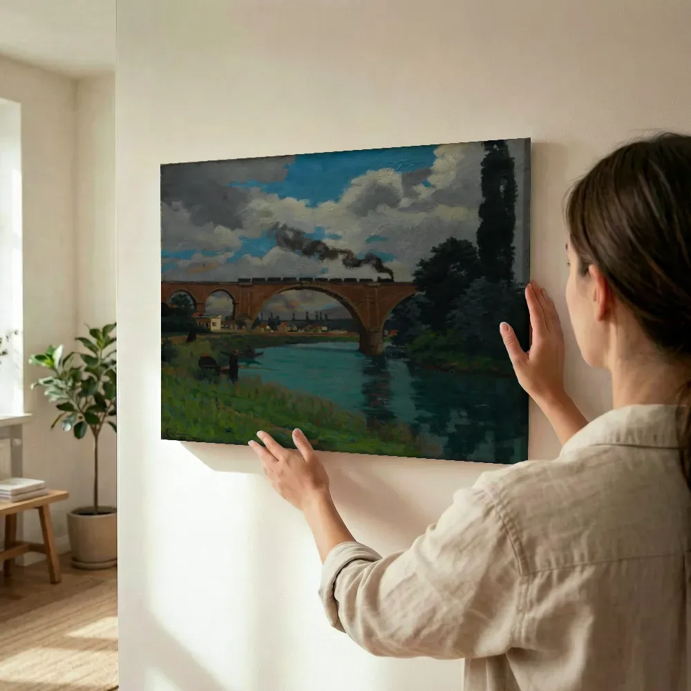 Sfeerimpressie: Spoorbrug over de Marne bij Joinville van Armand Guillaumin terwijl het wordt opgehangen