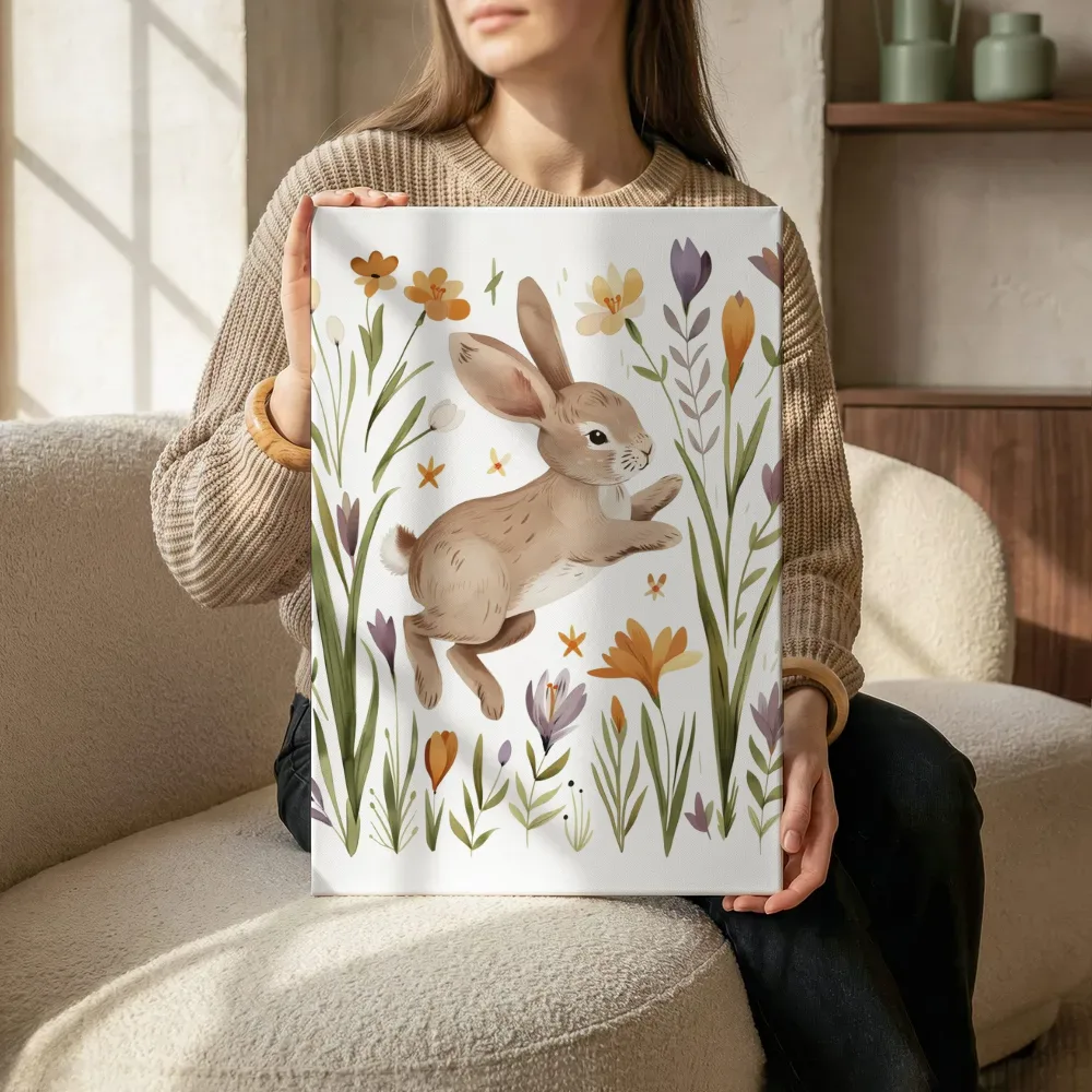Sfeerimpressie: Springend konijn in het bloemenveld terwijl het zittend wordt getoond