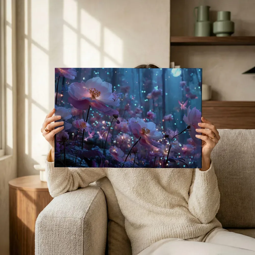 Sfeerimpressie: Sprookjesbos vol lichtgevende bloemen terwijl het omhoog wordt gehouden